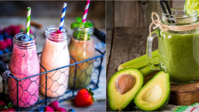 Фруктовые смузи и коктейль с авокадо